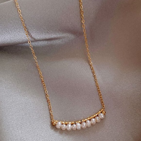 14K Gold Filled on 925 Sterling Silver Elegant Freshwater Pearl Bar Necklace - Picture 2 of 9